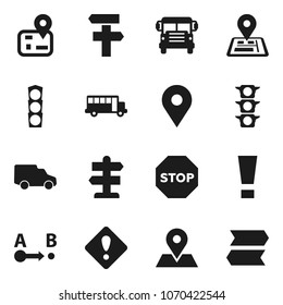 Flat vector icon set - school bus vector, signpost, navigator, map pin, traffic light, car, route, attention sign, stop