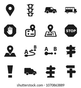 Flat vector icon set - school bus vector, signpost, navigator, map pin, traffic light, car, route, attention sign, stop