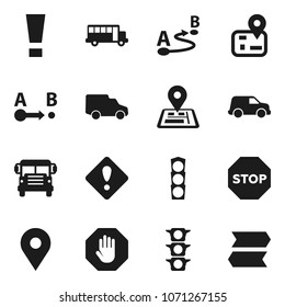 Flat vector icon set - school bus vector, navigator, map pin, traffic light, car, route, attention sign, stop, signpost