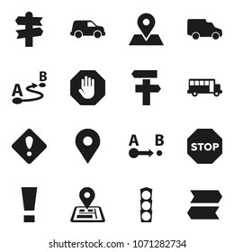 Flat vector icon set - school bus vector, signpost, navigator, map pin, traffic light, car, route, attention sign, stop