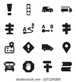 Flat vector icon set - school bus vector, signpost, navigator, map pin, traffic light, car, route, attention sign, stop