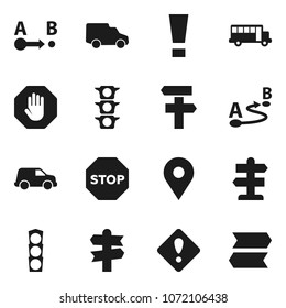 Flat vector icon set - school bus vector, signpost, map pin, traffic light, car, route, attention sign, stop