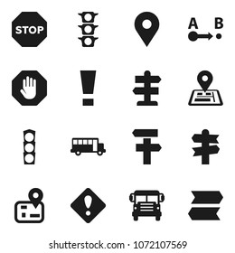 Flat vector icon set - school bus vector, signpost, navigator, map pin, traffic light, route, attention sign, stop