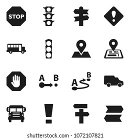 Flat vector icon set - school bus vector, signpost, navigator, map pin, traffic light, car, route, attention sign, stop