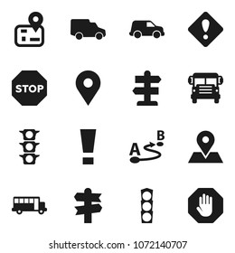Flat vector icon set - school bus vector, signpost, navigator, map pin, traffic light, car, route, attention sign, stop