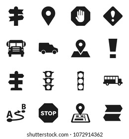 Flat vector icon set - school bus vector, signpost, navigator, map pin, traffic light, car, route, attention sign, stop