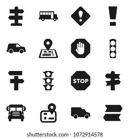 Flat vector icon set - school bus vector, signpost, navigator, traffic light, car, attention sign, stop