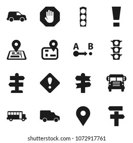 Flat vector icon set - school bus vector, signpost, navigator, map pin, traffic light, car, route, attention sign, stop