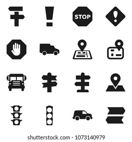 Flat vector icon set - school bus vector, signpost, navigator, map pin, traffic light, car, attention sign, stop