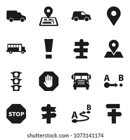 Flat vector icon set - school bus vector, signpost, navigator, map pin, traffic light, car, route, attention sign, stop