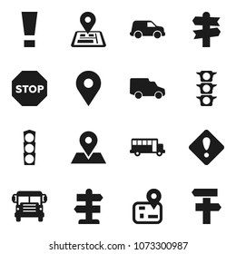 Flat vector icon set - school bus vector, signpost, navigator, map pin, traffic light, car, attention sign, stop