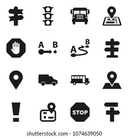 Flat vector icon set - school bus vector, signpost, navigator, map pin, traffic light, car, route, attention sign, stop