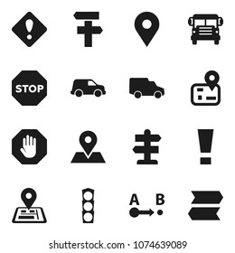 Flat vector icon set - school bus vector, signpost, navigator, map pin, traffic light, car, route, attention sign, stop