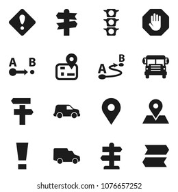 Flat vector icon set - school bus vector, signpost, navigator, map pin, traffic light, car, route, attention sign, stop