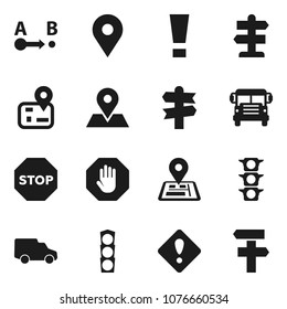 Flat vector icon set - school bus vector, signpost, navigator, map pin, traffic light, car, route, attention sign, stop