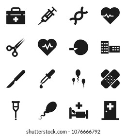 Flat vector icon set - school building vector, heart pulse, doctor bag, dna, insemination, syringe, dropper, crutches, scissors, scalpel, patch, hospital bed, sperm, medical room