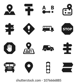 Flat vector icon set - school bus vector, signpost, navigator, map pin, traffic light, car, route, attention sign, stop