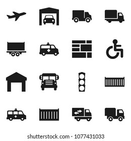 Flat vector icon set - school bus vector, plane, traffic light, truck trailer, sea container, delivery, consolidated cargo, warehouse, disabled, amkbulance car, garage, relocation