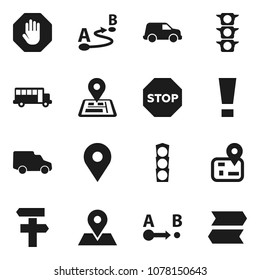 Flat vector icon set - school bus vector, navigator, map pin, traffic light, car, route, attention sign, stop, signpost