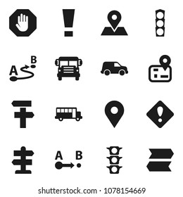 Flat vector icon set - school bus vector, signpost, navigator, map pin, traffic light, car, route, attention sign, stop