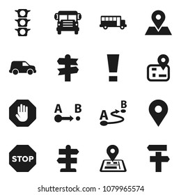 Flat vector icon set - school bus vector, signpost, navigator, map pin, traffic light, car, route, attention sign, stop