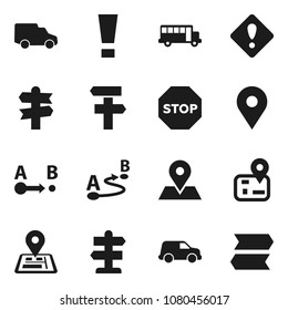 Flat vector icon set - school bus vector, signpost, navigator, map pin, car, route, attention sign, stop