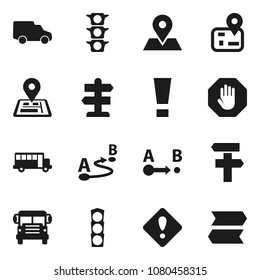 Flat vector icon set - school bus vector, signpost, navigator, map pin, traffic light, car, route, attention sign, stop