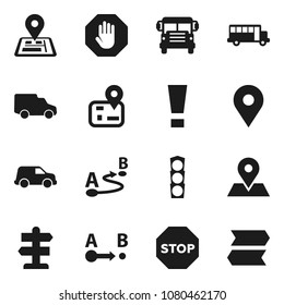 Flat vector icon set - school bus vector, signpost, navigator, map pin, traffic light, car, route, attention sign, stop