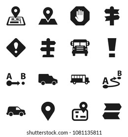 Flat vector icon set - school bus vector, signpost, navigator, map pin, car, route, attention sign, stop