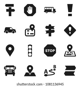 Flat vector icon set - school bus vector, signpost, navigator, map pin, traffic light, car, route, attention sign, stop