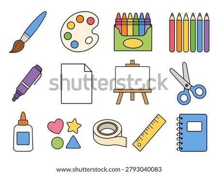Flat vector icon set of school art class supplies in a creative pastel palette. Featuring essential classroom tools like a paint brush, palette, crayons, scissors, and easel. Isolated illustrations perfect for education, kindergarten worksheets, back-to-school designs, and student learning materials.