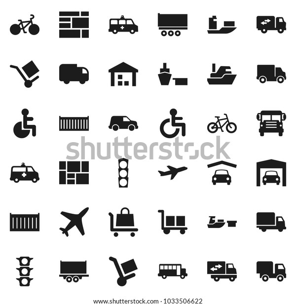 Flat vector icon set - school bus vector,
bike, plane, traffic light, ship, truck trailer, sea container,
delivery, car, port, consolidated cargo, warehouse, disabled,
amkbulance, garage,
relocation