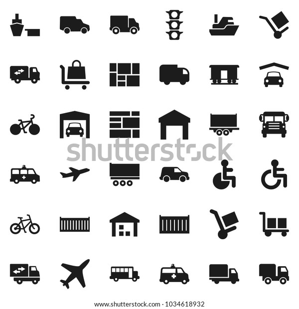 Flat vector icon set - school bus vector,\
bike, plane, traffic light, ship, truck trailer, sea container,\
delivery, car, port, consolidated cargo, warehouse, Railway\
carriage, disabled,\
amkbulance