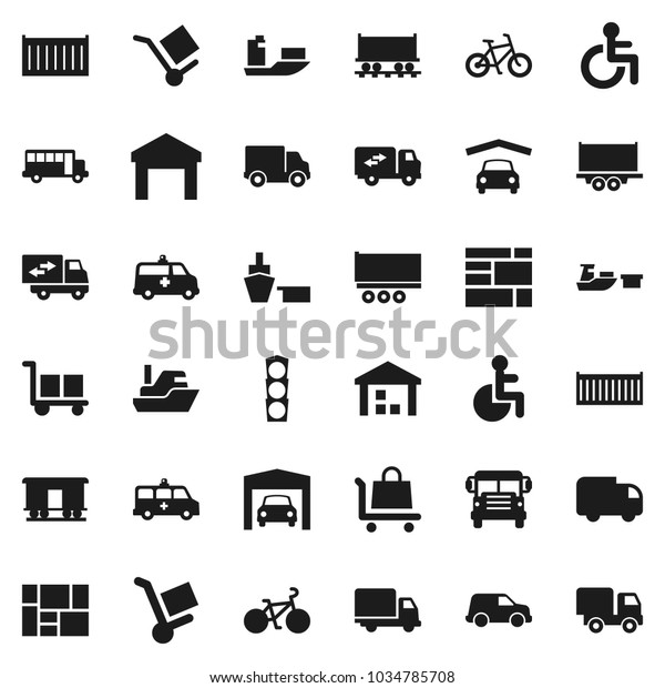 Flat vector icon set - school bus vector, bike,\
Railway carriage, traffic light, ship, truck trailer, sea\
container, delivery, car, port, consolidated cargo, warehouse,\
disabled, ambulance,\
garage