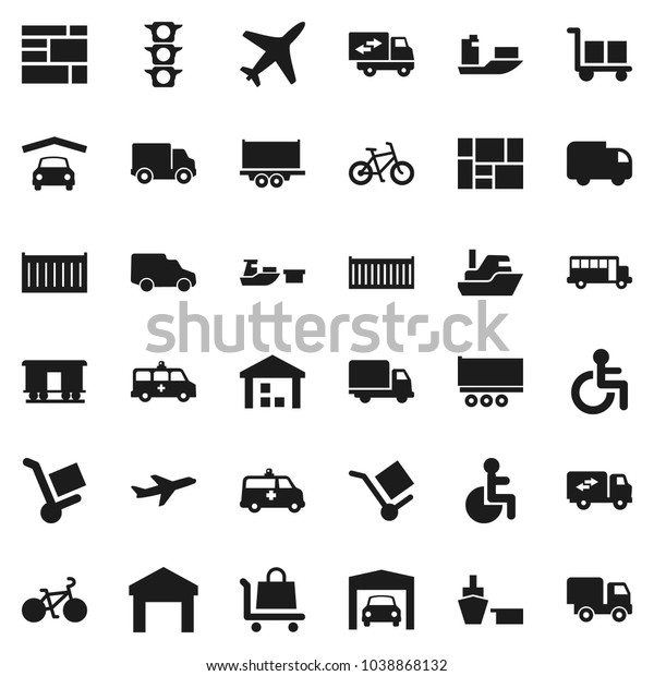 Flat vector icon set - school bus vector,\
bike, plane, traffic light, ship, truck trailer, sea container,\
delivery, car, port, consolidated cargo, warehouse, Railway\
carriage, disabled,\
amkbulance