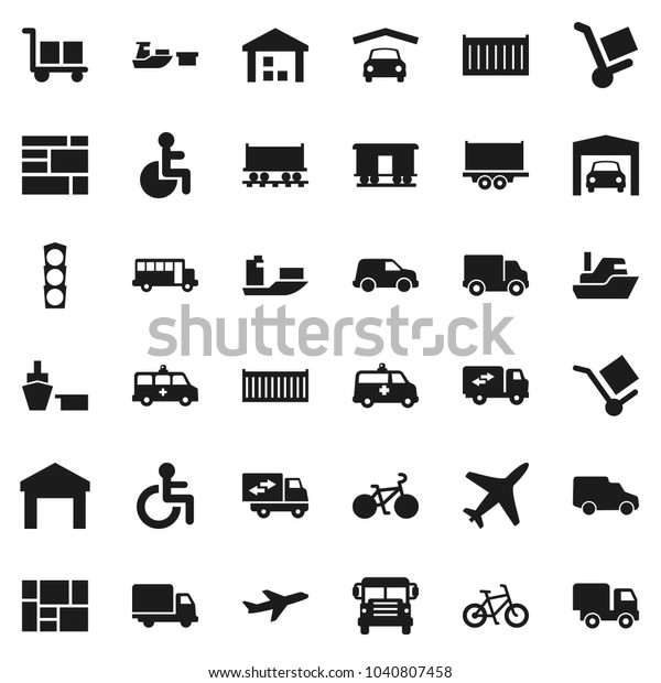 Flat vector icon set - school bus vector,
bike, Railway carriage, plane, traffic light, ship, truck trailer,
sea container, delivery, car, port, consolidated cargo, warehouse,
disabled, amkbulance