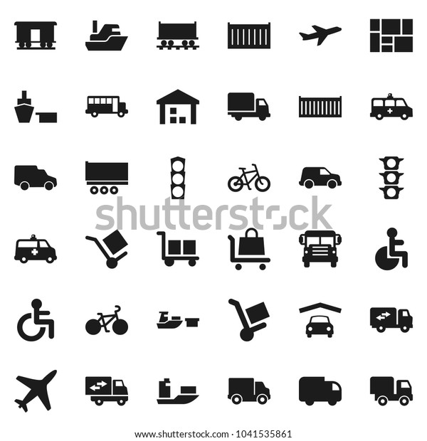 Flat\
vector icon set - school bus vector, bike, Railway carriage, plane,\
traffic light, ship, truck trailer, sea container, delivery, car,\
port, consolidated cargo, warehouse, disabled,\
