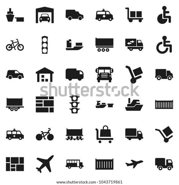 Flat vector icon set - school bus vector,\
bike, Railway carriage, plane, traffic light, ship, truck trailer,\
sea container, delivery, car, port, consolidated cargo, warehouse,\
disabled, amkbulance