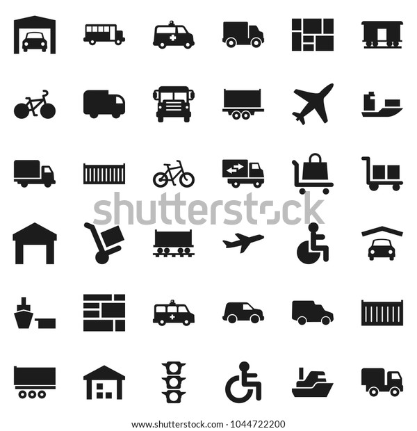 Flat vector icon set - school bus vector, bike,\
Railway carriage, plane, traffic light, ship, truck trailer, sea\
container, delivery, car, port, consolidated cargo, warehouse,\
disabled, ambulance