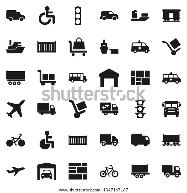 Flat vector icon set - school bus vector, bike,\
Railway carriage, plane, traffic light, ship, truck trailer, sea\
container, delivery, car, port, consolidated cargo, warehouse,\
disabled, ambulance