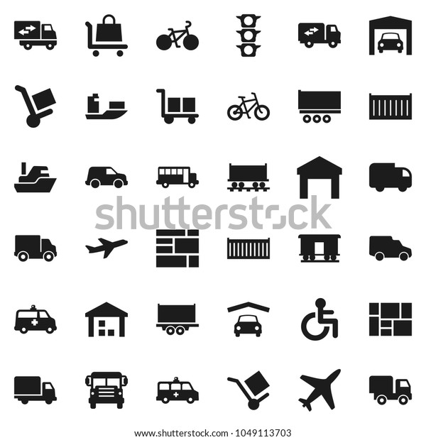 Flat vector icon set - school bus vector, bike,\
Railway carriage, plane, traffic light, ship, truck trailer, sea\
container, delivery, car, consolidated cargo, warehouse, disabled,\
amkbulance, garage