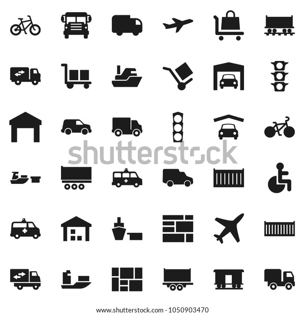 Flat vector icon set - school bus vector,\
bike, Railway carriage, plane, traffic light, ship, truck trailer,\
sea container, delivery, car, port, consolidated cargo, warehouse,\
disabled, amkbulance
