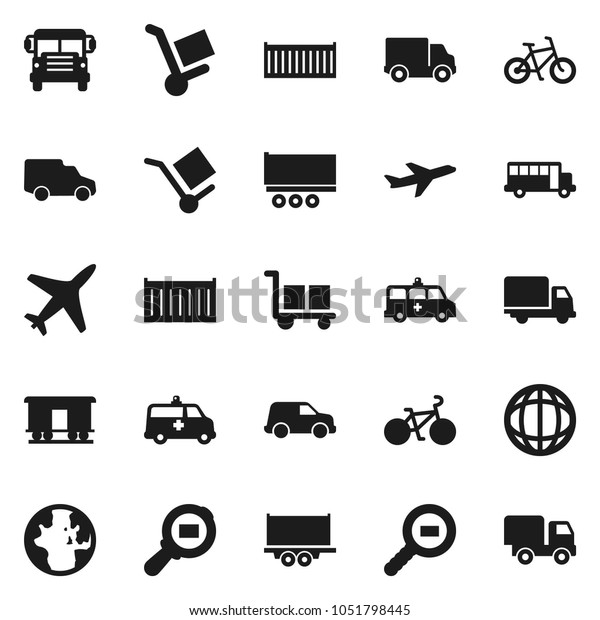 Flat vector icon set -\
school bus vector, world, bike, plane, truck trailer, sea\
container, delivery, car, cargo, search, Railway carriage,\
amkbulance, trolley