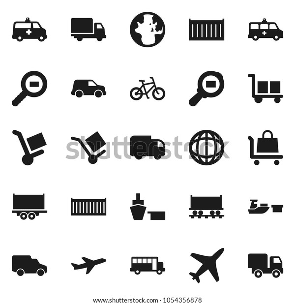Flat vector icon set - school\
bus vector, world, bike, Railway carriage, plane, truck trailer,\
sea container, delivery, car, port, cargo, search, amkbulance,\
trolley