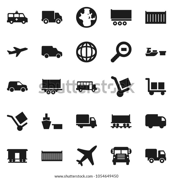 Flat vector icon set - school\
bus vector, world, Railway carriage, plane, truck trailer, sea\
container, delivery, car, port, cargo, search, amkbulance,\
trolley