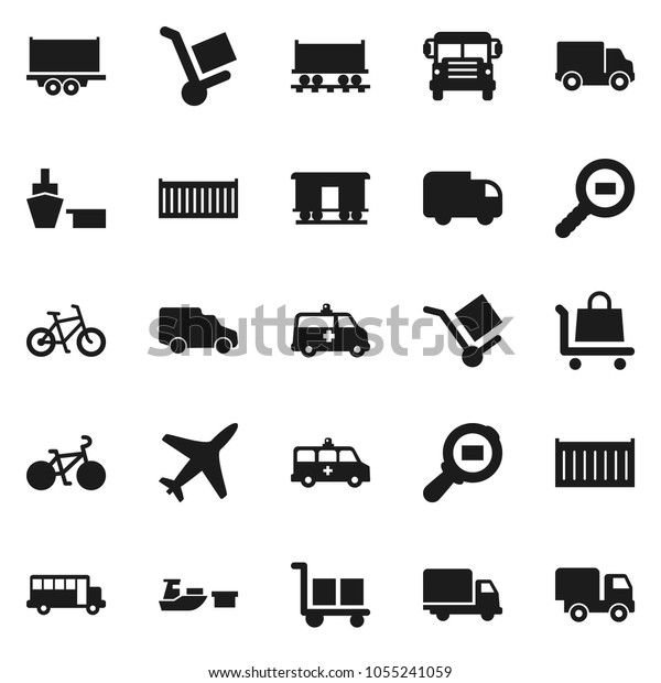 Flat vector icon set - school bus\
vector, bike, Railway carriage, plane, truck trailer, sea\
container, delivery, car, port, cargo, search, amkbulance,\
trolley