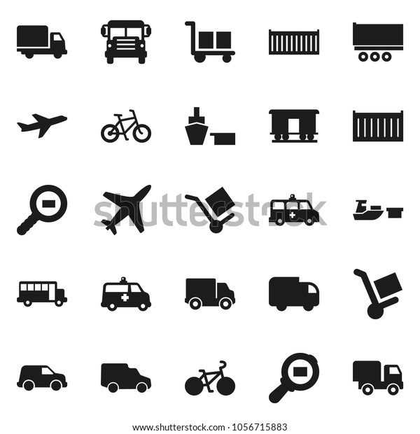 Flat vector icon set -\
school bus vector, bike, plane, truck trailer, sea container,\
delivery, car, port, cargo, search, Railway carriage, amkbulance,\
trolley