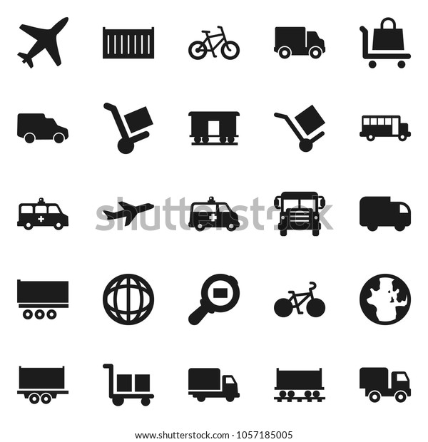 Flat vector icon set - school bus\
vector, world, bike, Railway carriage, plane, truck trailer, sea\
container, delivery, car, cargo, search, amkbulance,\
trolley