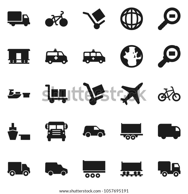 Flat vector icon set - school bus\
vector, world, bike, Railway carriage, plane, truck trailer,\
delivery, car, port, cargo, search, amkbulance,\
trolley