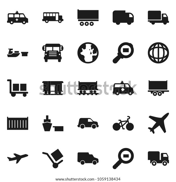 Flat vector icon set - school bus\
vector, world, bike, Railway carriage, plane, truck trailer, sea\
container, delivery, car, port, cargo, search,\
amkbulance